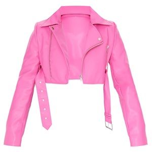 PrettyLittleThing Pink Faux Leather Super Cropped Belted Biker Jacket